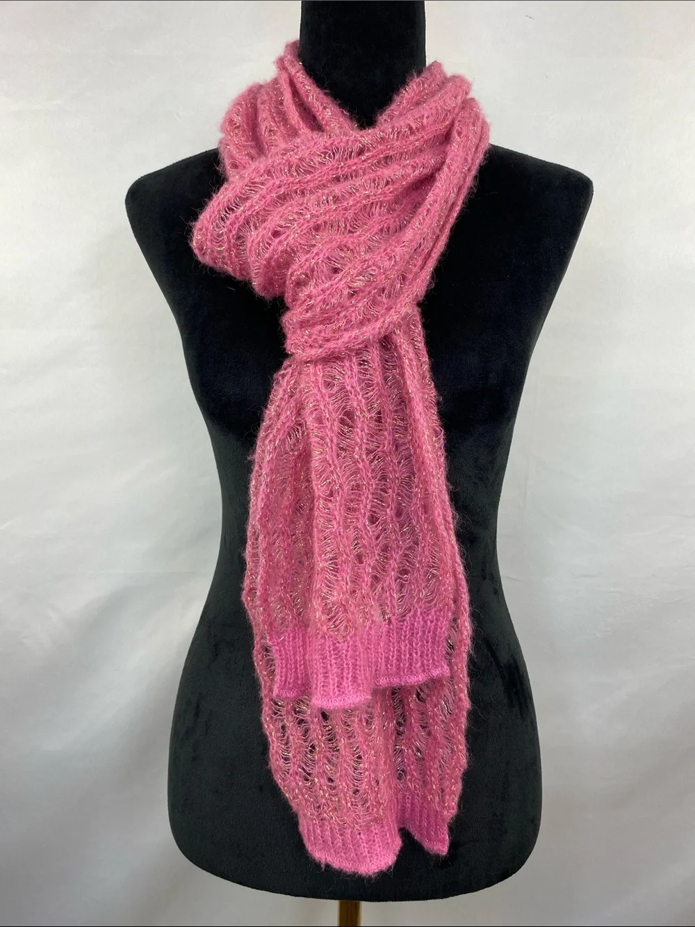 Nordstrom Made in Italy Pink Kid Mohair Metallic Open Knit Scarf 82”